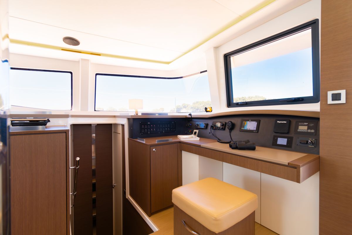 Cockpit of Stelina, a Bali 4.8 catamaran at Preveza, Greece