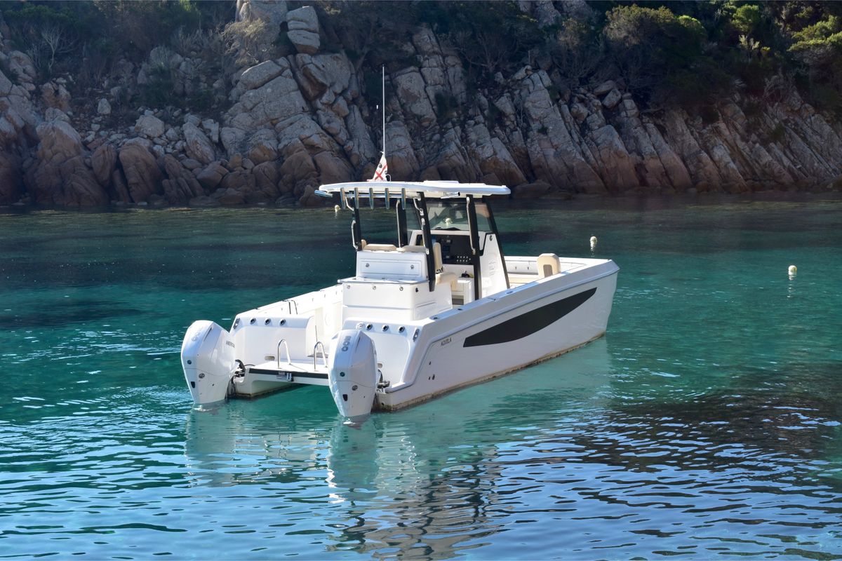 Exterior view of Eagle I, a Aquila Yachts Aquila 28 motorboat at Cannigione, Italy