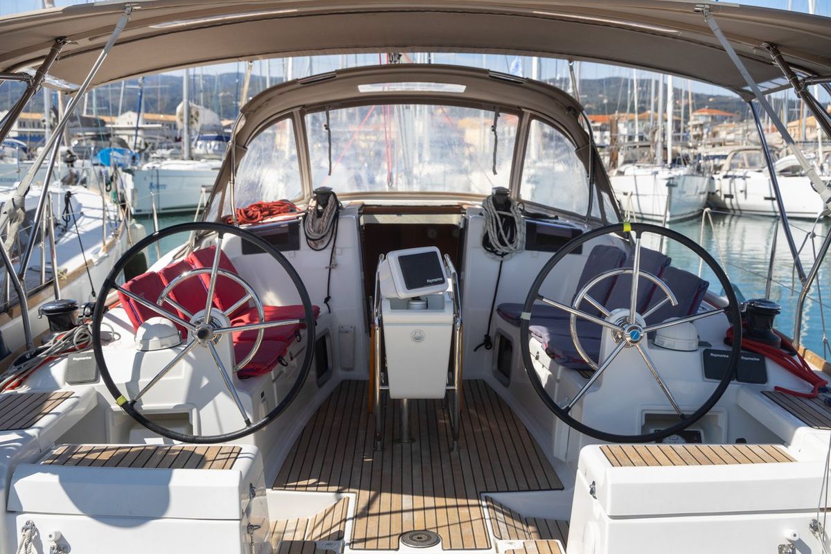 Cockpit of Nirikos, a Jeanneau Sun Odyssey 419 sailboat at Municipal Unit of Lefkada, Greece