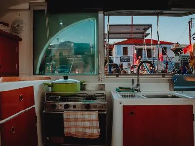 Galley of Caramela, a Lagoon 380 catamaran at Sithonia Municipal Unit, Greece