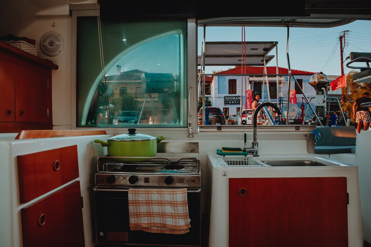 Galley of Caramela, a Lagoon 380 catamaran at Sithonia Municipal Unit, Greece