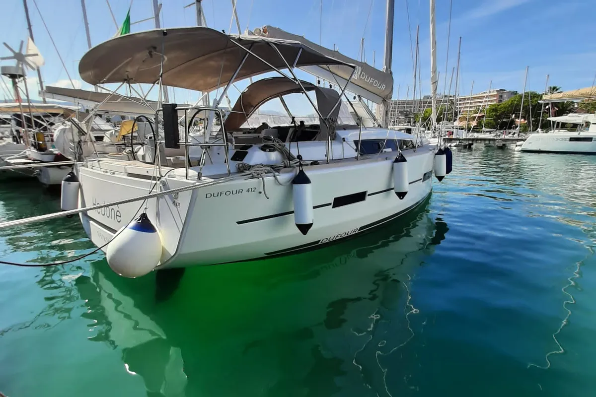 Exterior view of Hedone, a Dufour 412 GL sailboat at Tonnarella, Italy