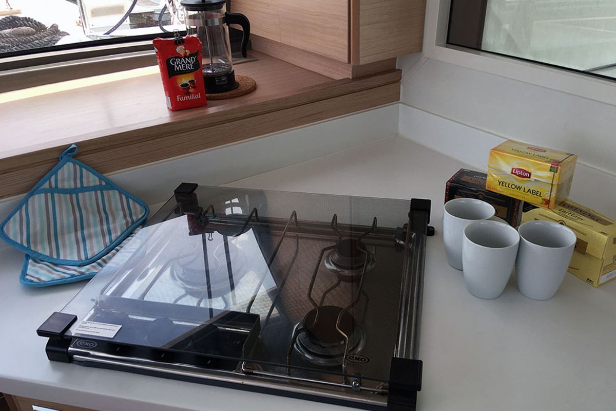 Galley of Hygge, a Nautitech Rochefort Nautitech 40 Open catamaran at Llucmajor, Spain