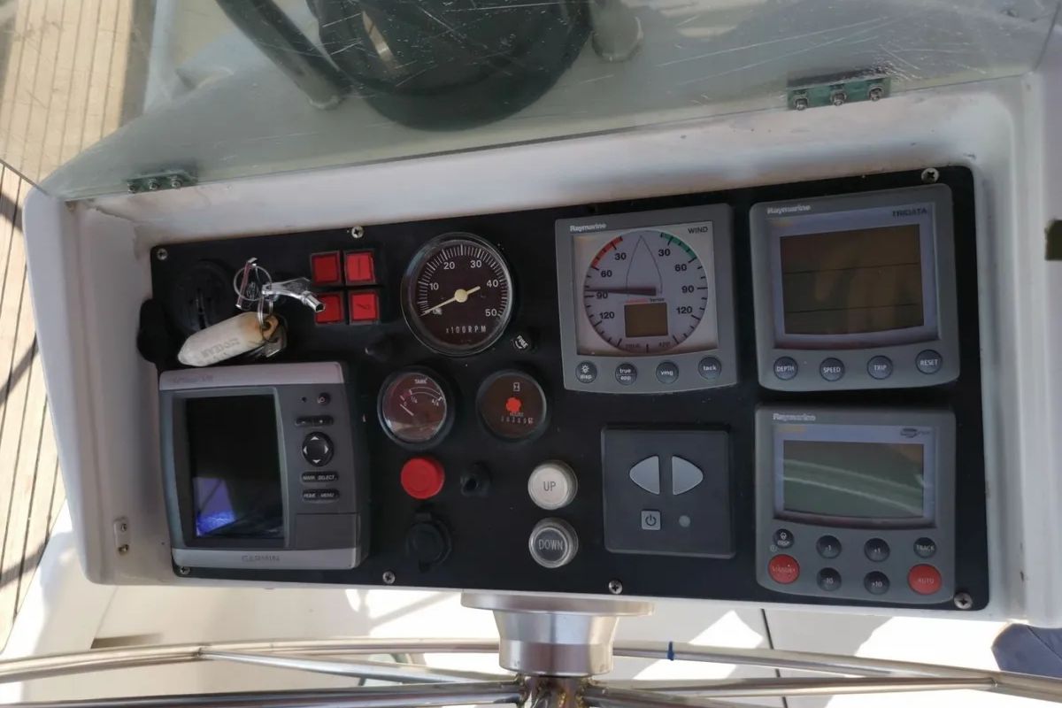 Cockpit of Rota, a Beneteau Oceanis 411 sailboat at Sami Municipal Unit, Greece