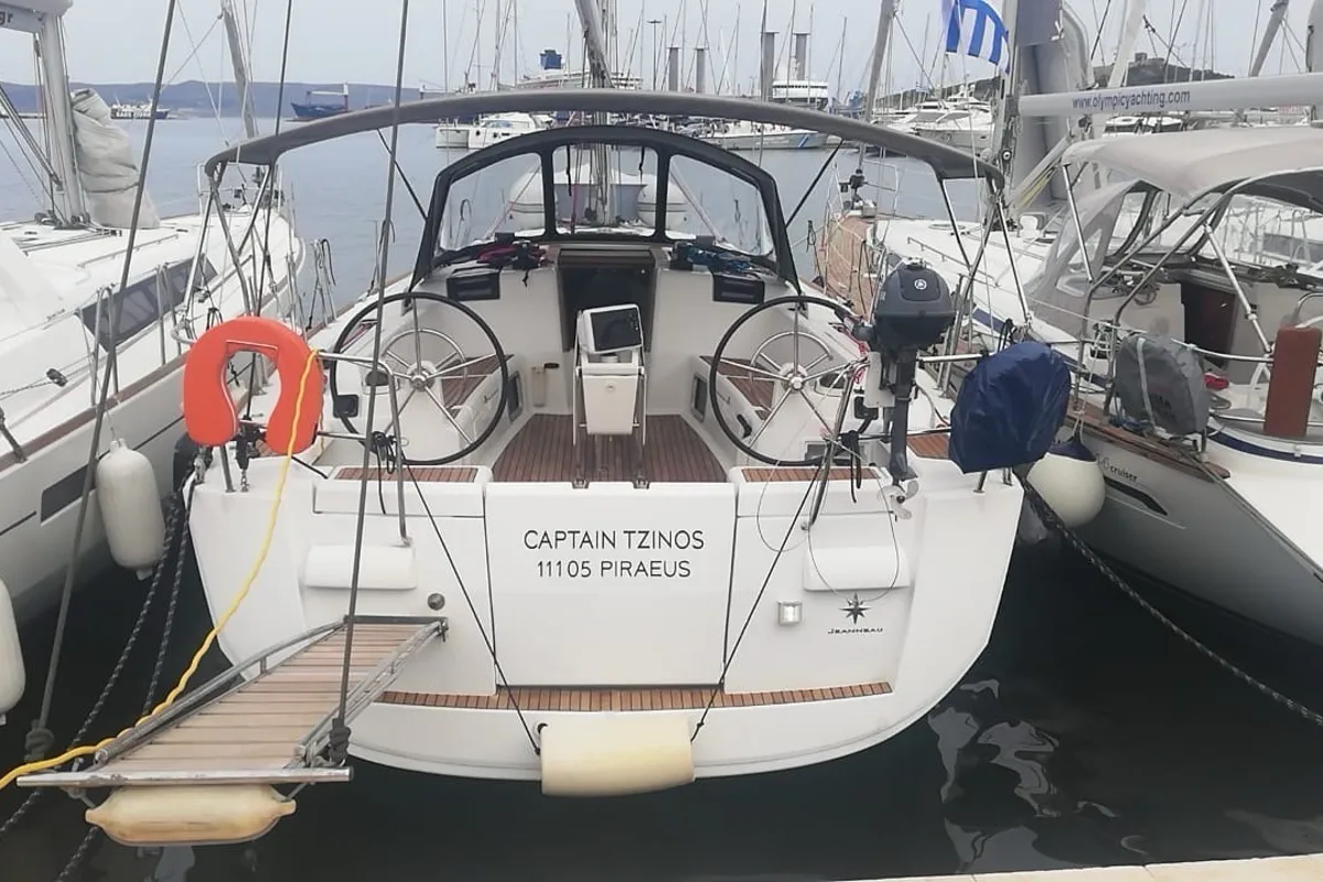 Exterior view of Tessie, a Jeanneau Sun Odyssey 439 sailboat at Volos Municipality, Greece