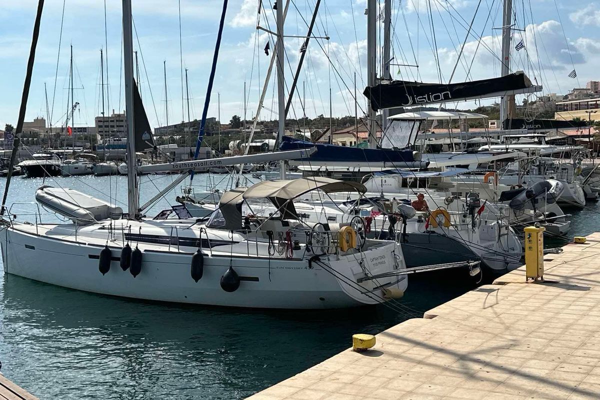 Exterior view of Tessie, a Jeanneau Sun Odyssey 439 sailboat at Volos Municipality, Greece