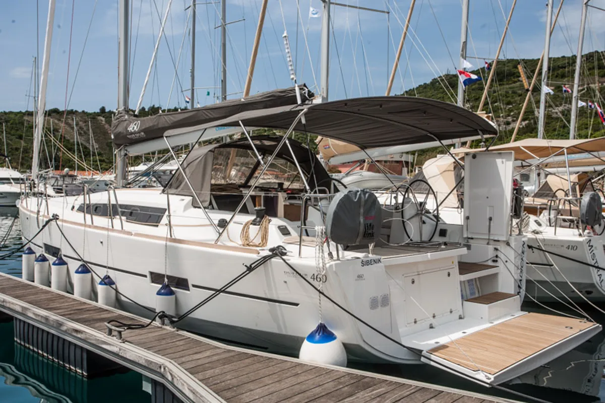 Exterior view of Madicken, a Dufour 460 GL sailboat at Primošten, Croatia