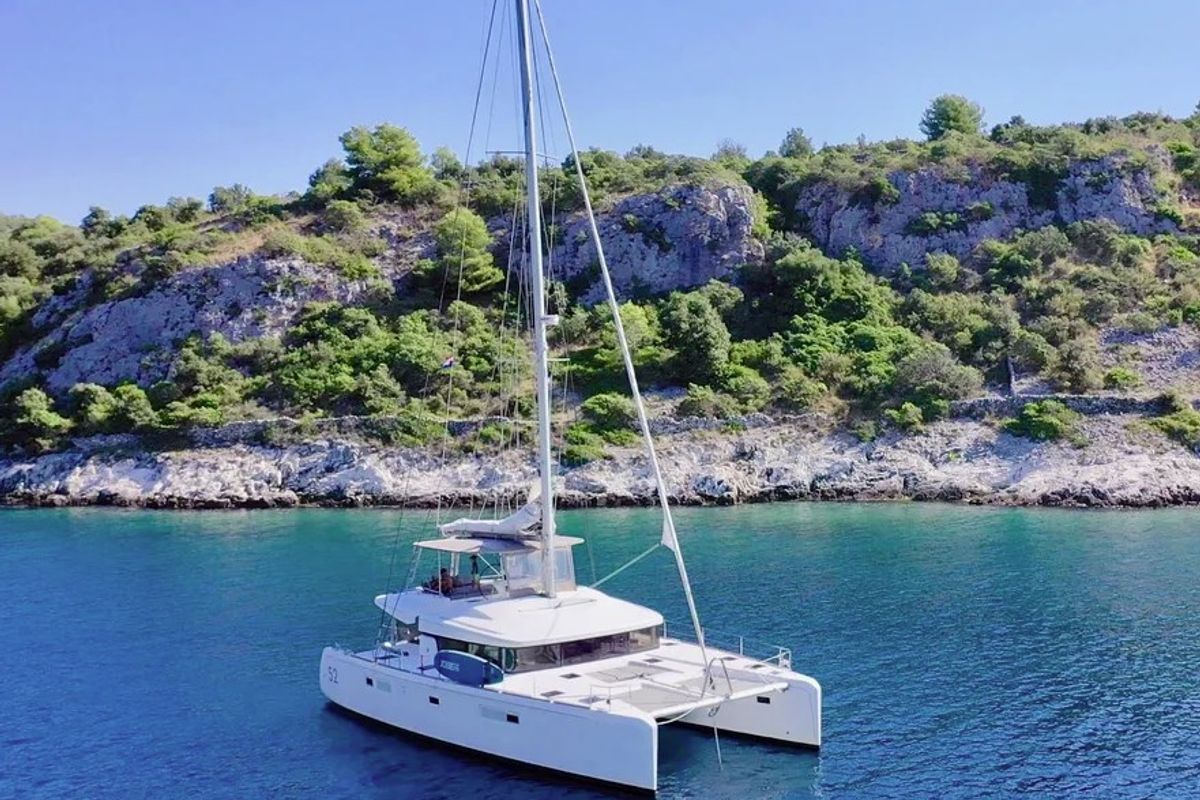 Exterior view of Jessy, a Lagoon 52 F catamaran at Pirovac, Croatia