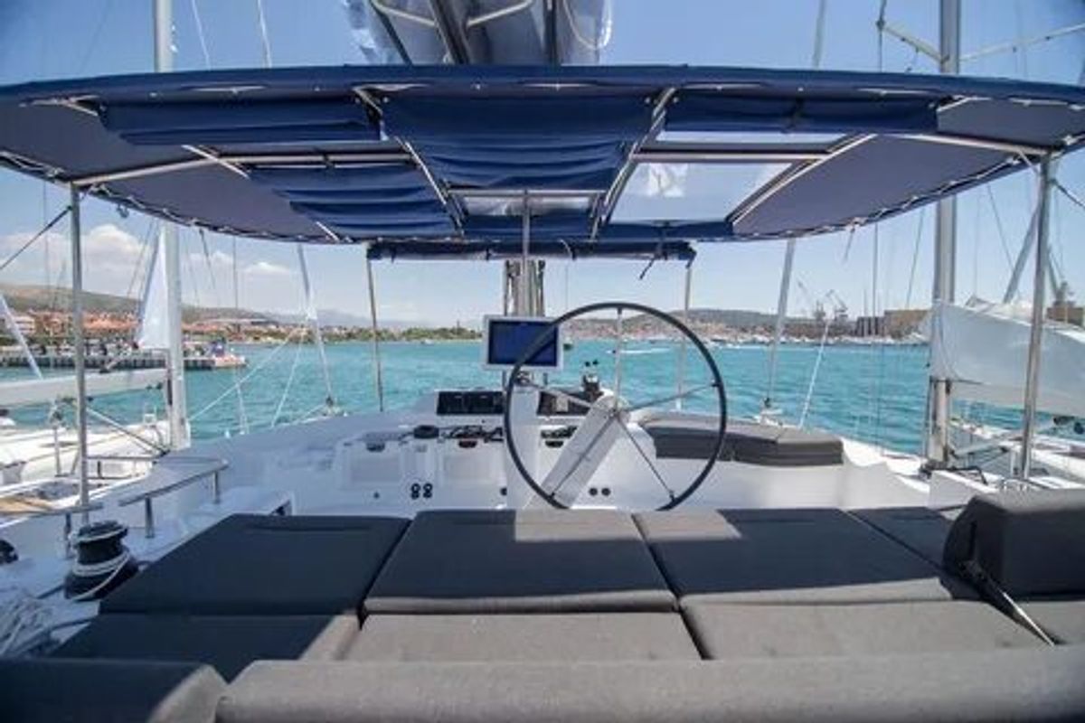 Cockpit of Jessy, a Lagoon 52 F catamaran at Pirovac, Croatia