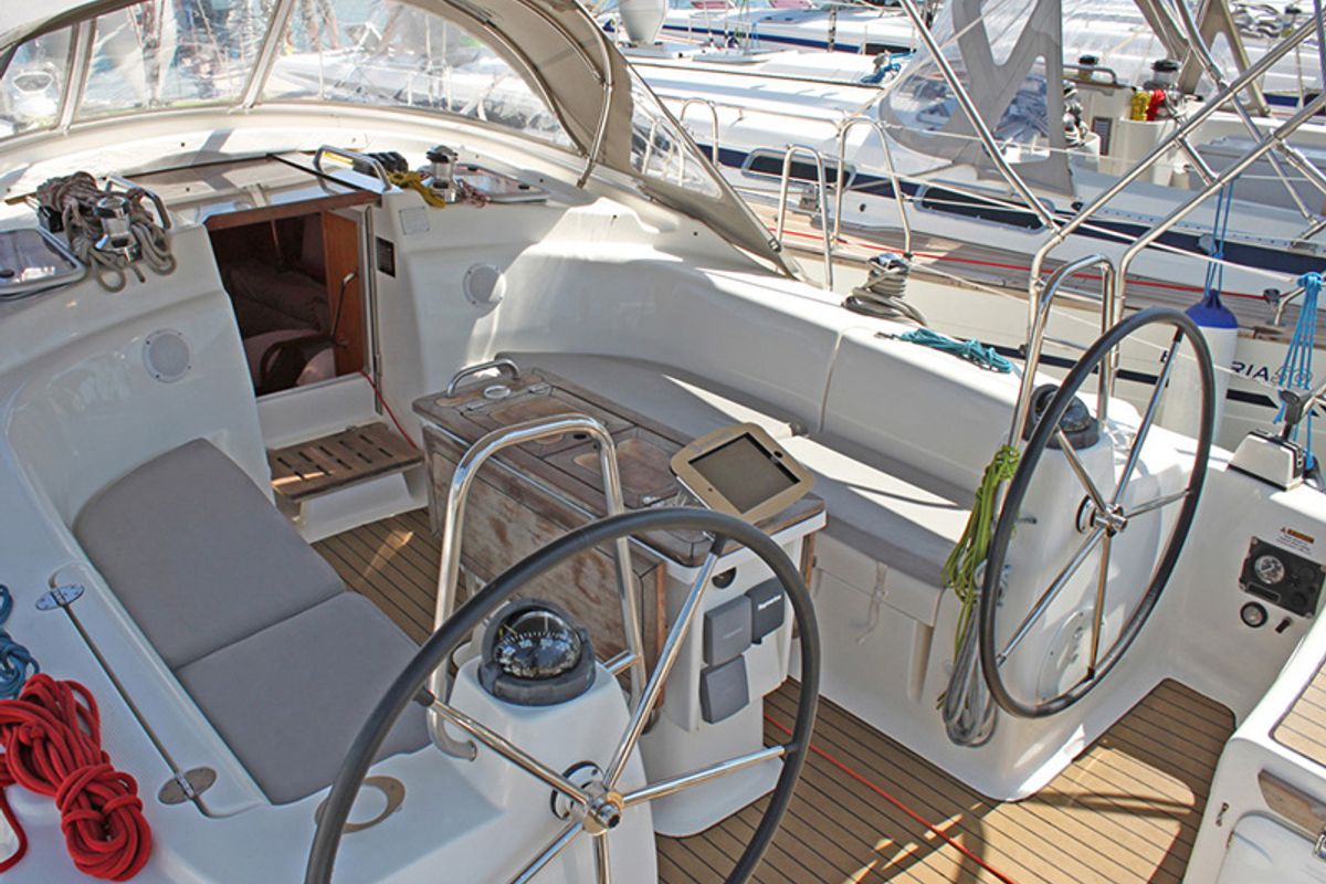 Cockpit of Iraklis, a Bavaria 42 Cruiser sailboat at Lavreotiki Municipal Unit, Greece