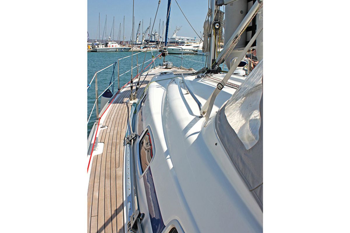Deck of Iraklis, a Bavaria 42 Cruiser sailboat at Lavreotiki Municipal Unit, Greece