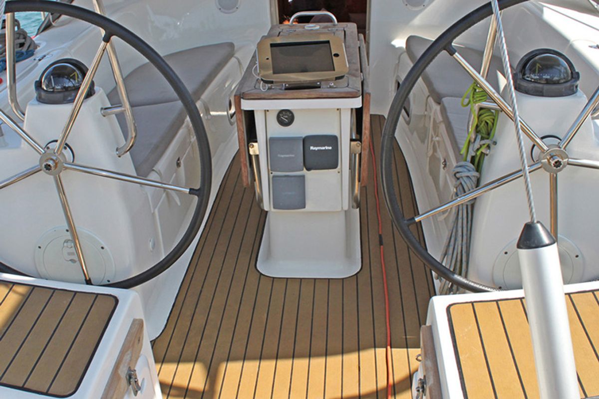 Cockpit of Iraklis, a Bavaria 42 Cruiser sailboat at Lavreotiki Municipal Unit, Greece