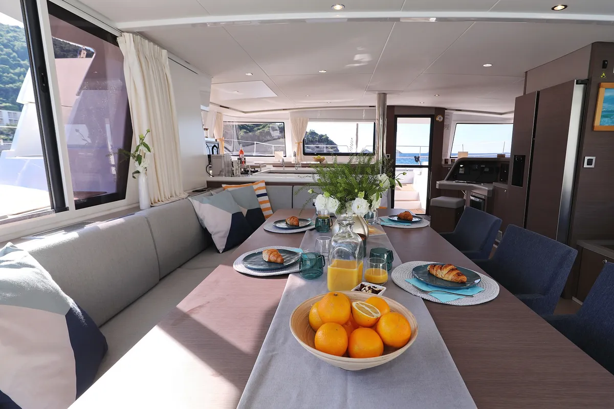 Salon of EQ Horizon, a Bali 5.4 catamaran at Dubrovnik, Croatia