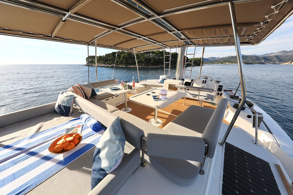 Cockpit of EQ Horizon, a Bali 5.4 catamaran at Dubrovnik, Croatia