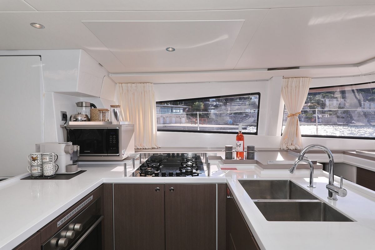 Galley of EQ Horizon, a Bali 5.4 catamaran at Dubrovnik, Croatia