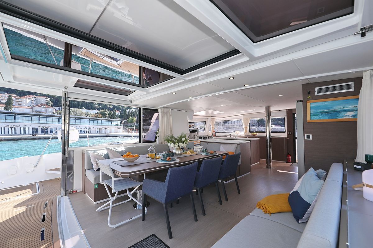 Salon of EQ Horizon, a Bali 5.4 catamaran at Dubrovnik, Croatia