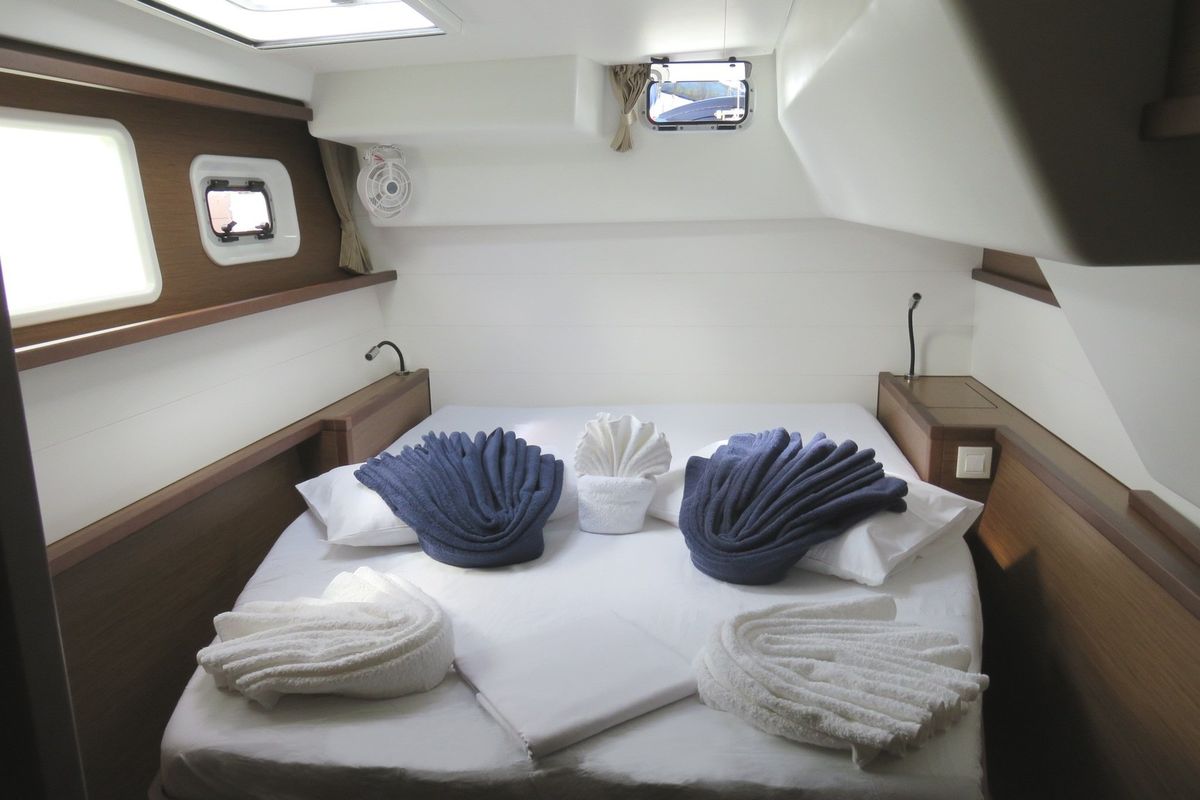 Cabin on Lupin, a Lagoon 450 catamaran at Ajaccio, France
