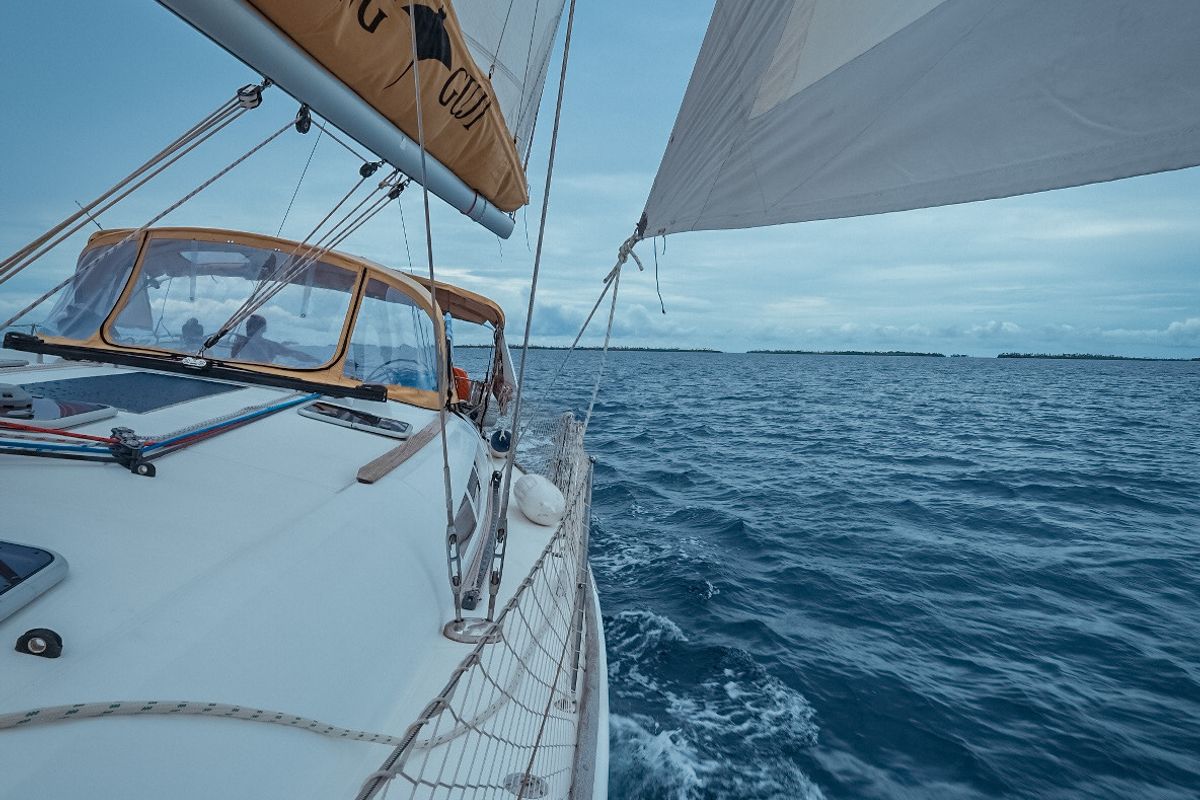 Exterior view of Guji, a Jeanneau Sun Odyssey 44 i sailboat at Isla Aguja Cabins San Blas, Panama