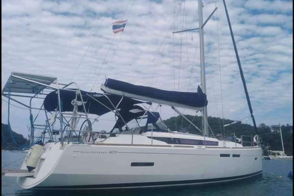 Exterior view of Cavalier, a Jeanneau Sun Odyssey 409 sailboat at Mai Khao, Thailand