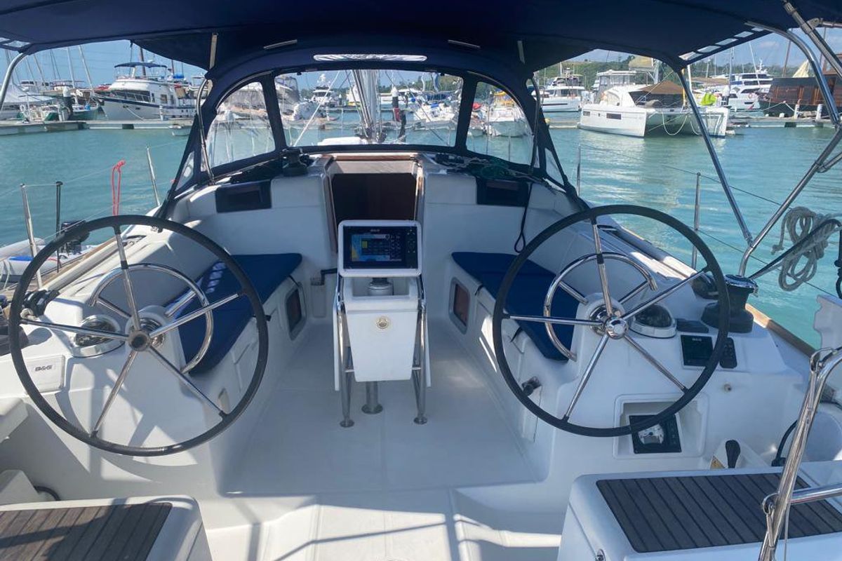 Cockpit of Cavalier, a Jeanneau Sun Odyssey 409 sailboat at Mai Khao, Thailand