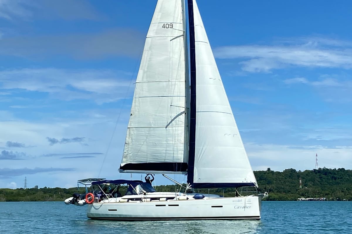 Exterior view of Cavalier, a Jeanneau Sun Odyssey 409 sailboat at Mai Khao, Thailand