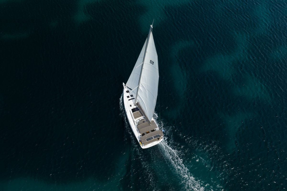 Exterior view of Andromeda, a Dufour 470 sailboat at Athens, Greece