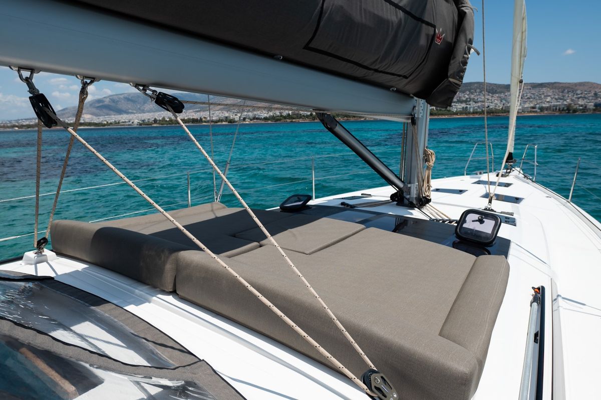 Deck of Andromeda, a Dufour 470 sailboat at Athens, Greece