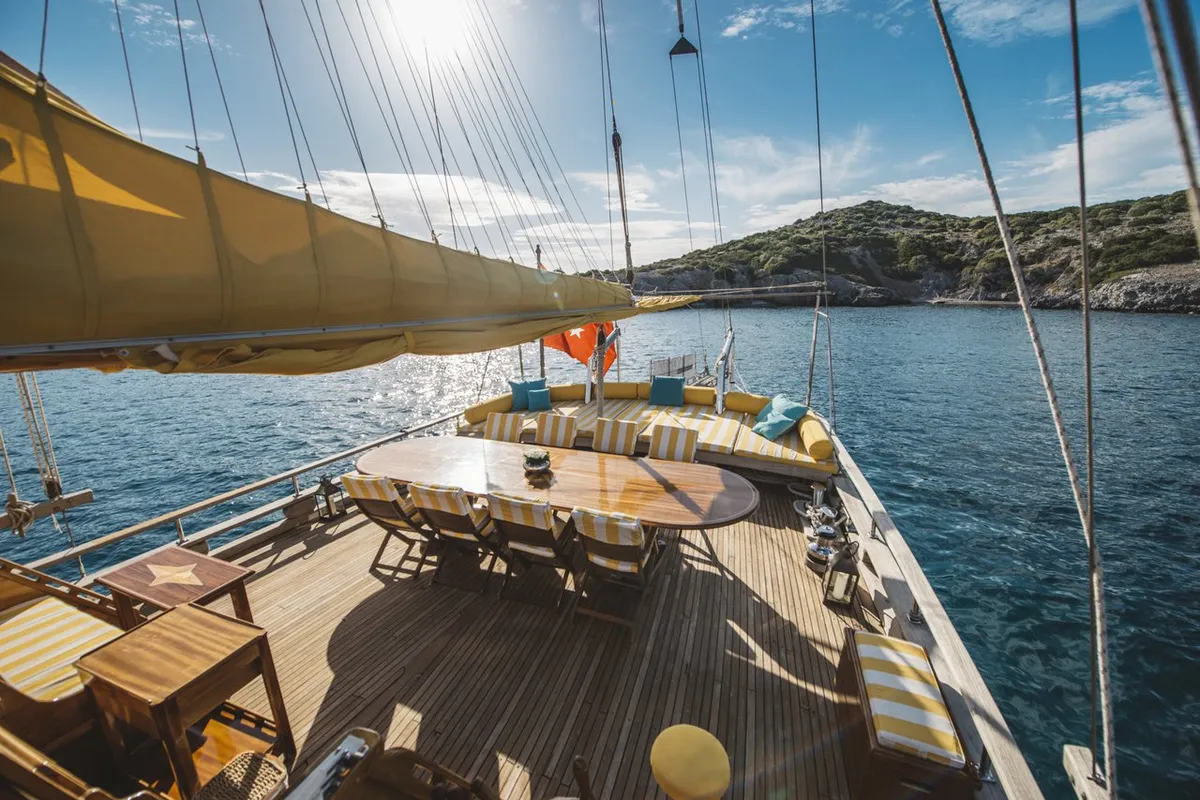 Deck of Fortuna, a Custom Made Fortuna* yacht at Bodrum, Turkey