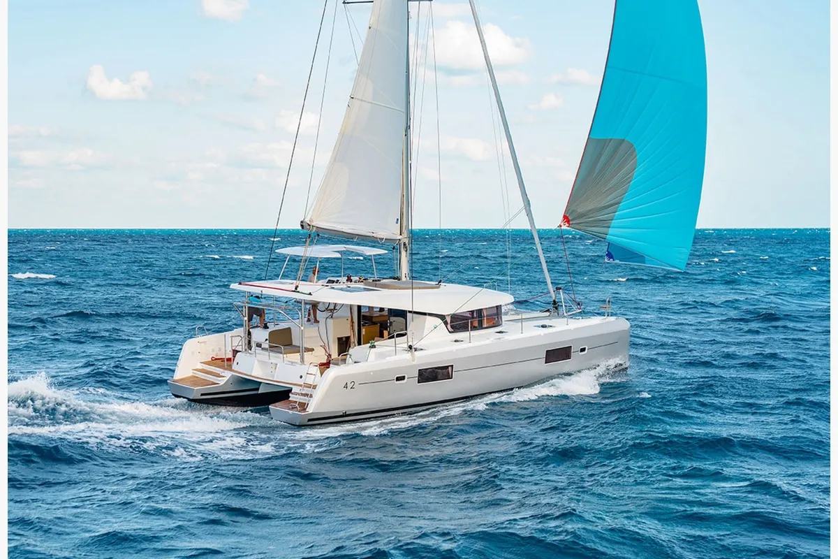 Exterior view of ZIL 2, a Lagoon 42 catamaran at Eden Island Marina, Seychelles