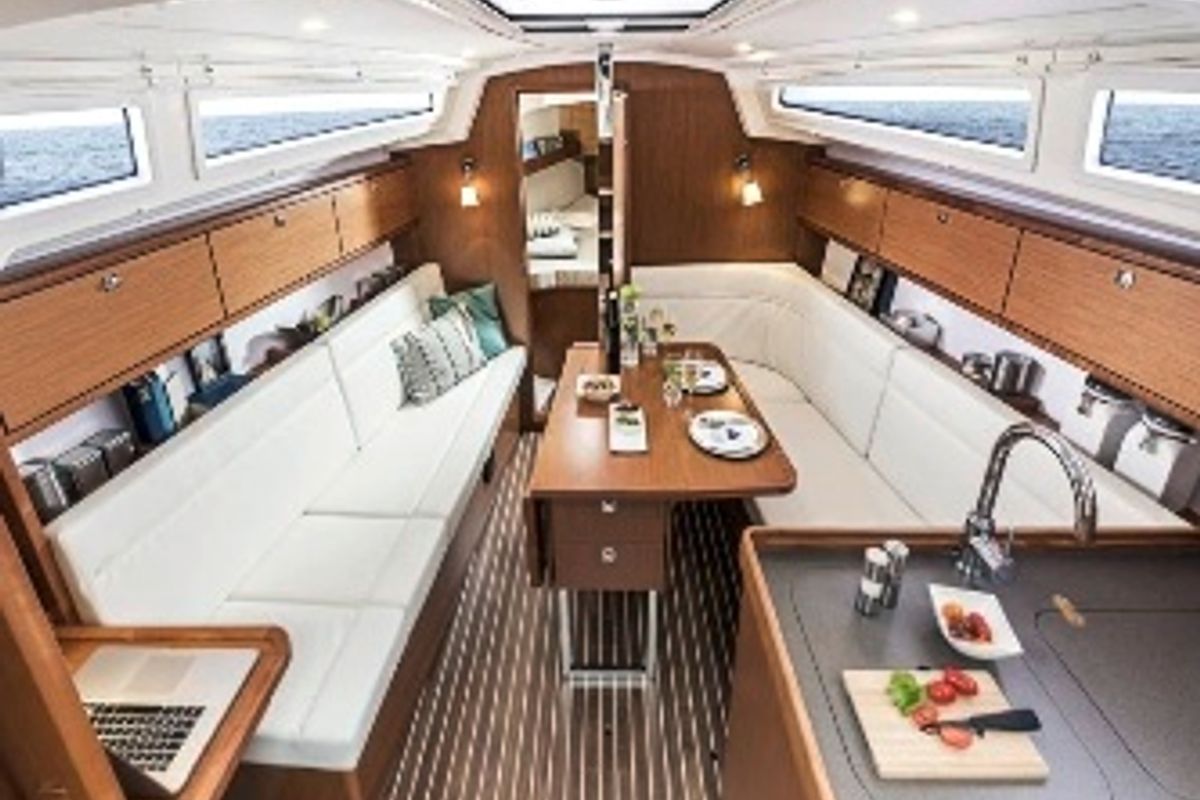 Salon of Eighteen, a Bavaria Cruiser 34 sailboat at Fisksätra, Sweden