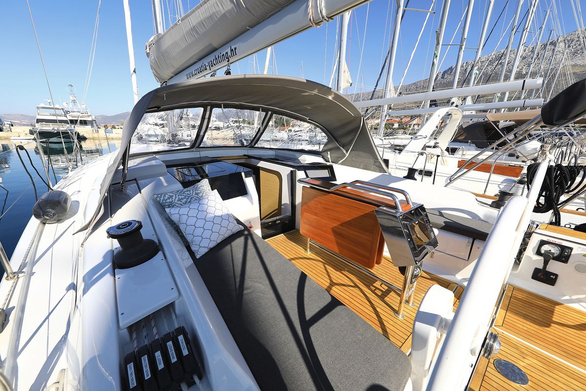Deck of Alexander, a Hanse Yachts Hanse 418 sailboat at Grad Kaštela, Croatia