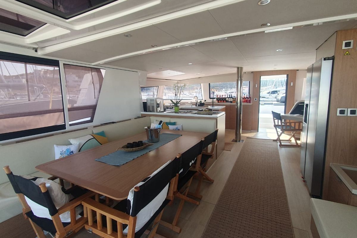 Salon of Ammos IV, a Bali 5.4 catamaran at Lavreotiki Municipal Unit, Greece