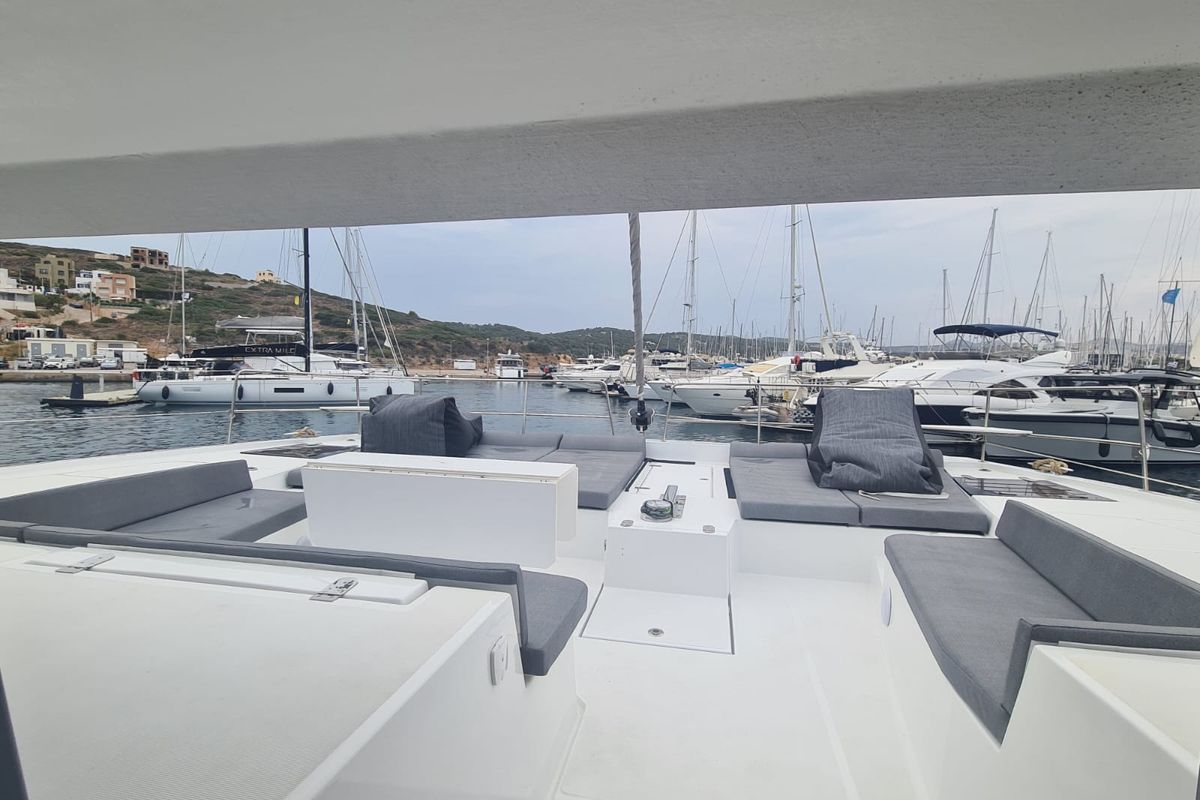 Deck of Ammos IV, a Bali 5.4 catamaran at Lavreotiki Municipal Unit, Greece