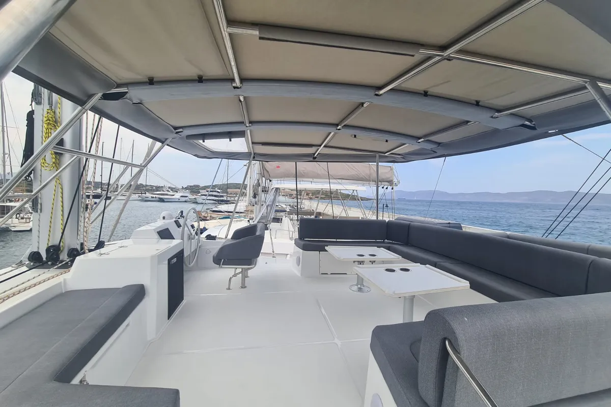Cockpit of Ammos IV, a Bali 5.4 catamaran at Lavreotiki Municipal Unit, Greece