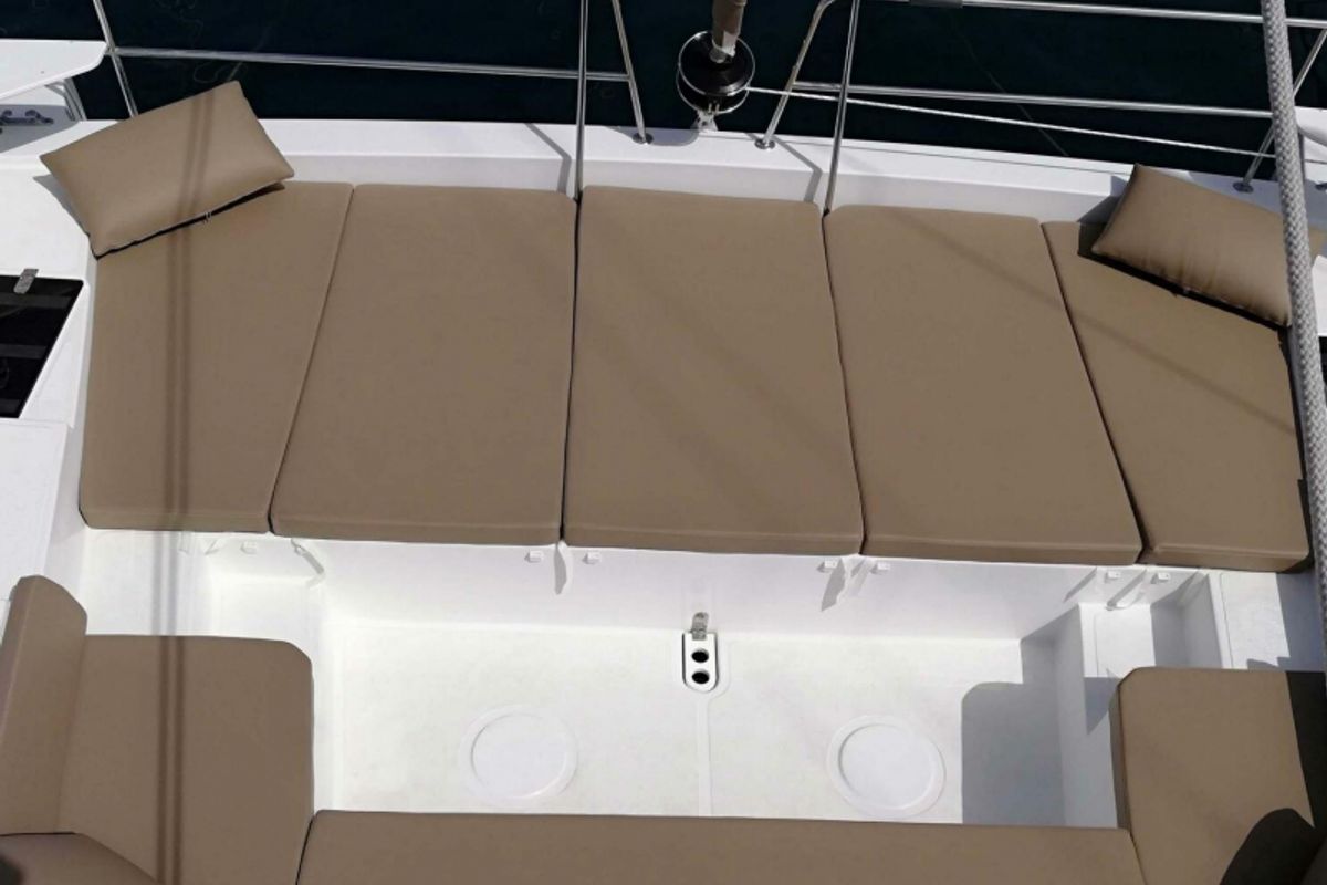 Deck of DOUBLE FIVE, a Bali 4.1 catamaran at Kalkara, Malta