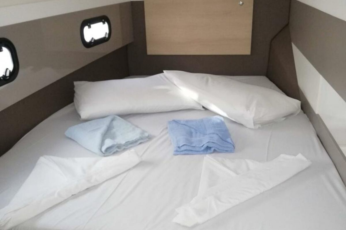 Cabin on DOUBLE FIVE, a Bali 4.1 catamaran at Kalkara, Malta