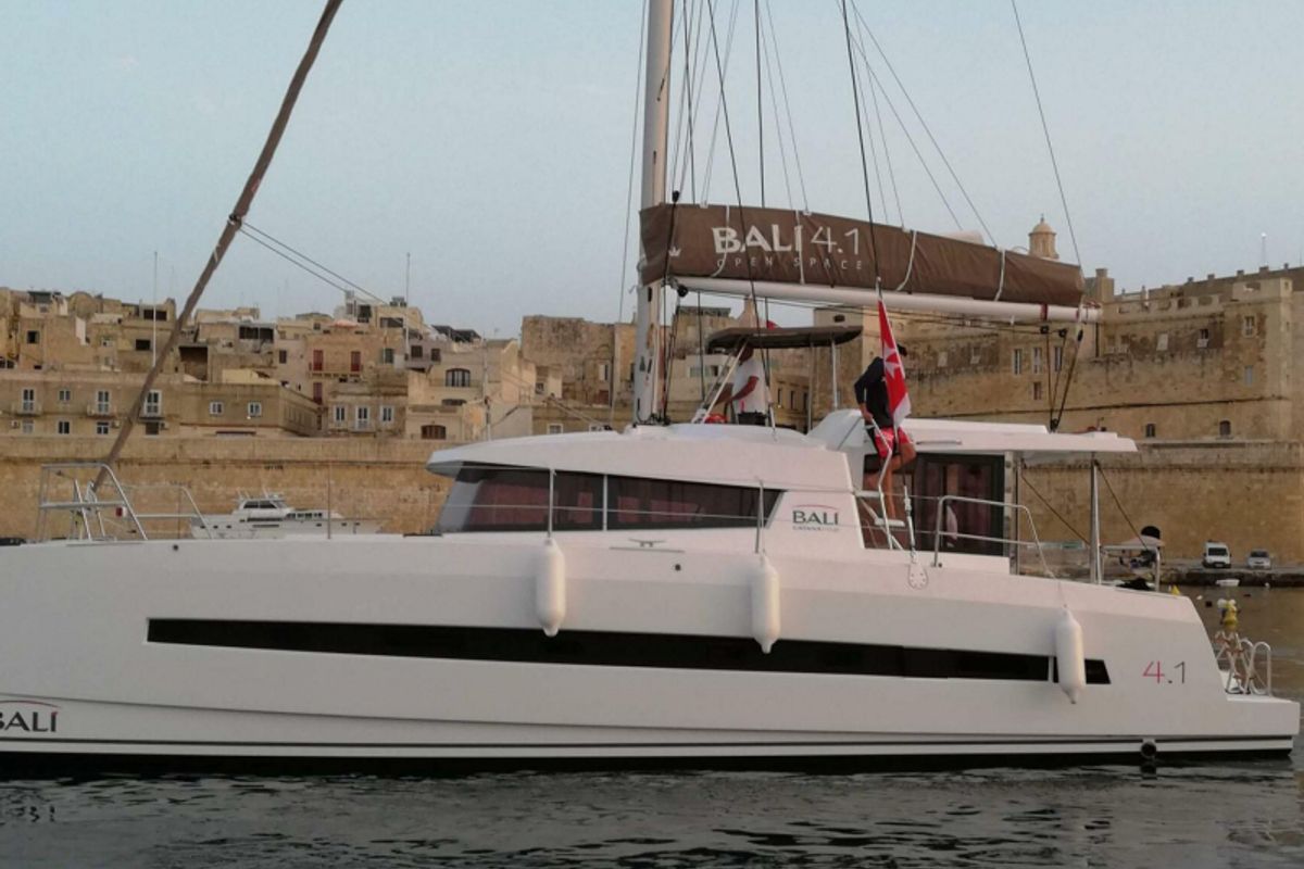 Exterior view of DOUBLE FIVE, a Bali 4.1 catamaran at Kalkara, Malta