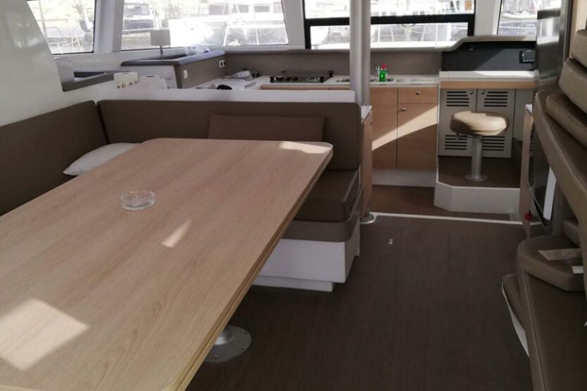 Salon of DOUBLE FIVE, a Bali 4.1 catamaran at Kalkara, Malta