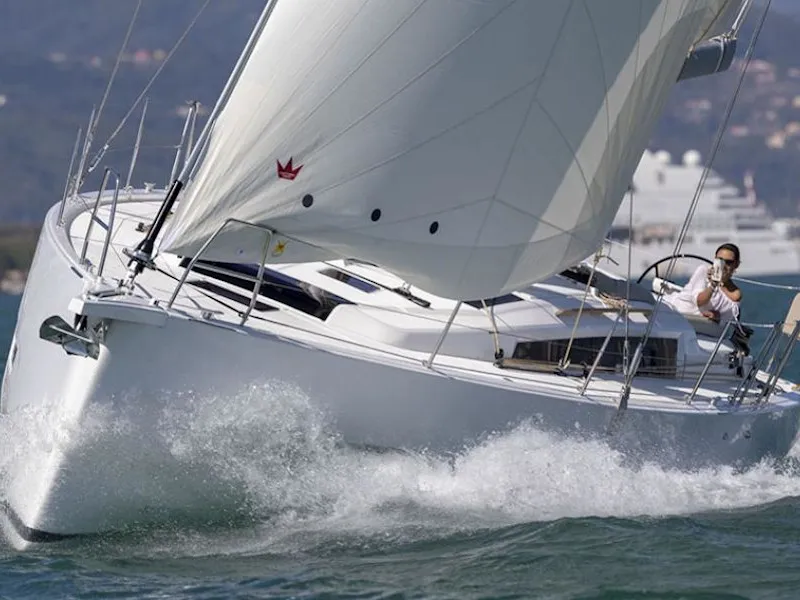 Exterior view of Blue Moon 1, a Dufour 430 sailboat at Lavreotiki Municipal Unit, Greece