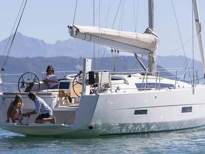 Exterior view of Blue Moon 1, a Dufour 430 sailboat at Lavreotiki Municipal Unit, Greece