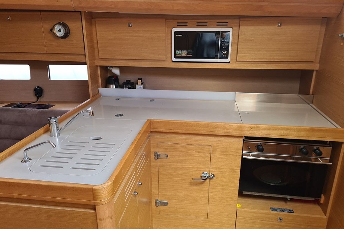 Galley of Desiree II, a Dufour 412 Grand large sailboat at Marmaris, Turkey
