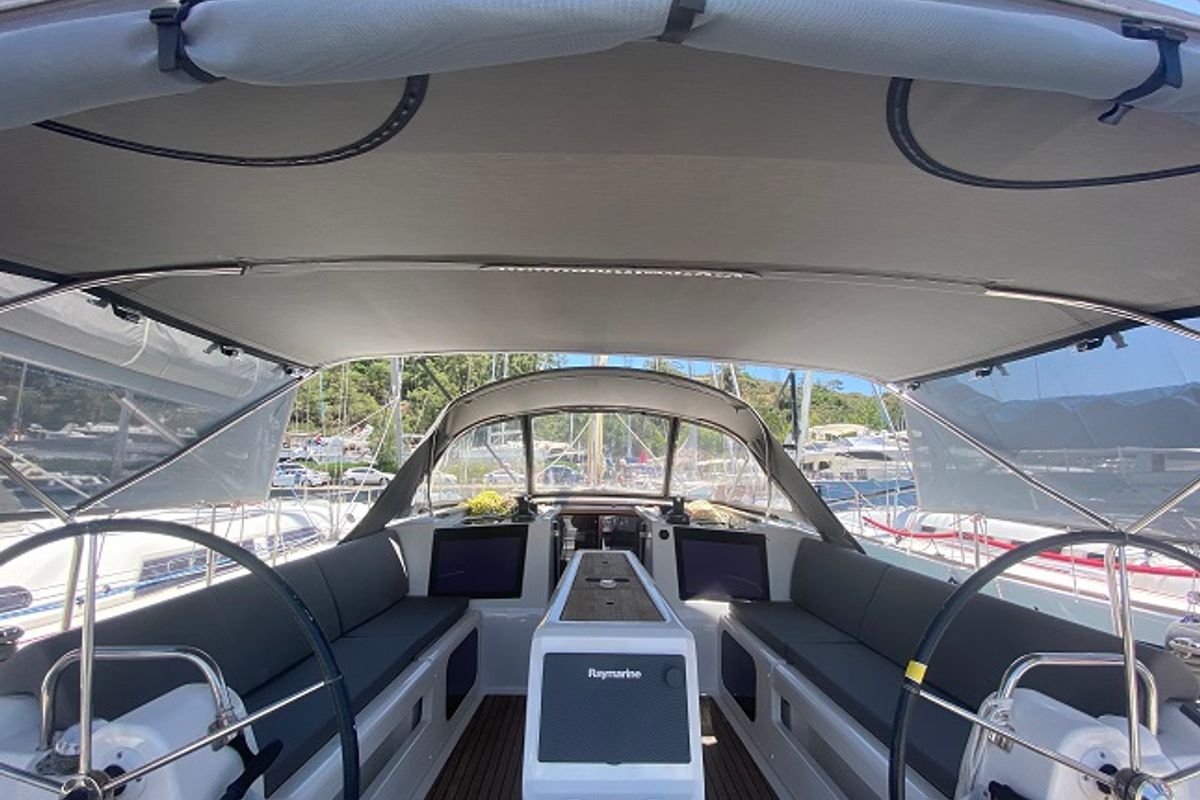 Cockpit of Desiree II, a Dufour 412 Grand large sailboat at Marmaris, Turkey
