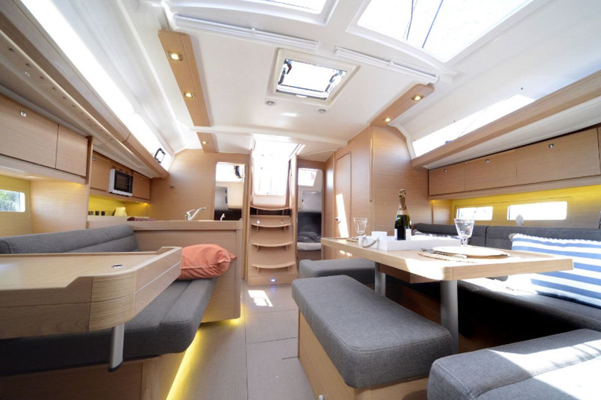 Salon of Desiree II, a Dufour 412 Grand large sailboat at Marmaris, Turkey