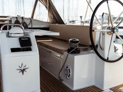 Cockpit of Indira, a Jeanneau Sun Odyssey 440 sailboat at Olbia, Italy