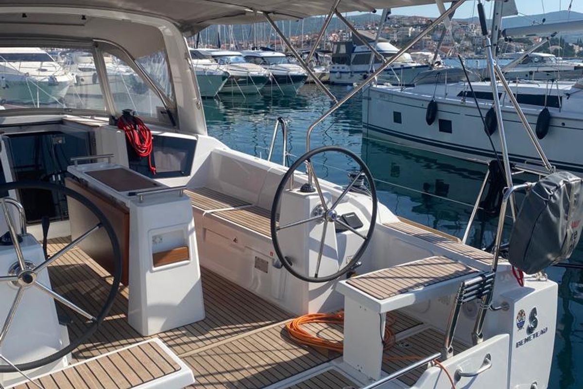 Cockpit of Lukas, a Beneteau Oceanis 38.1 sailboat at Općina Rogoznica, Croatia