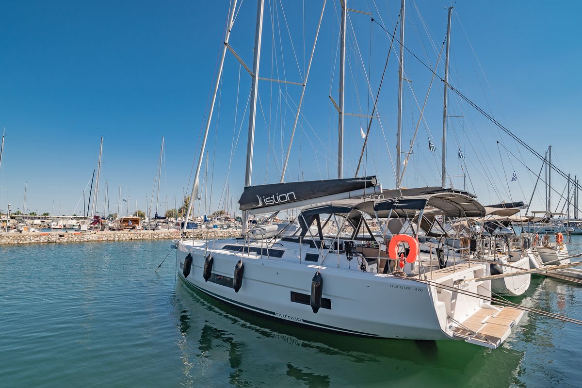 Exterior view of Edelweiss, a Dufour 470 sailboat at Kos, Greece