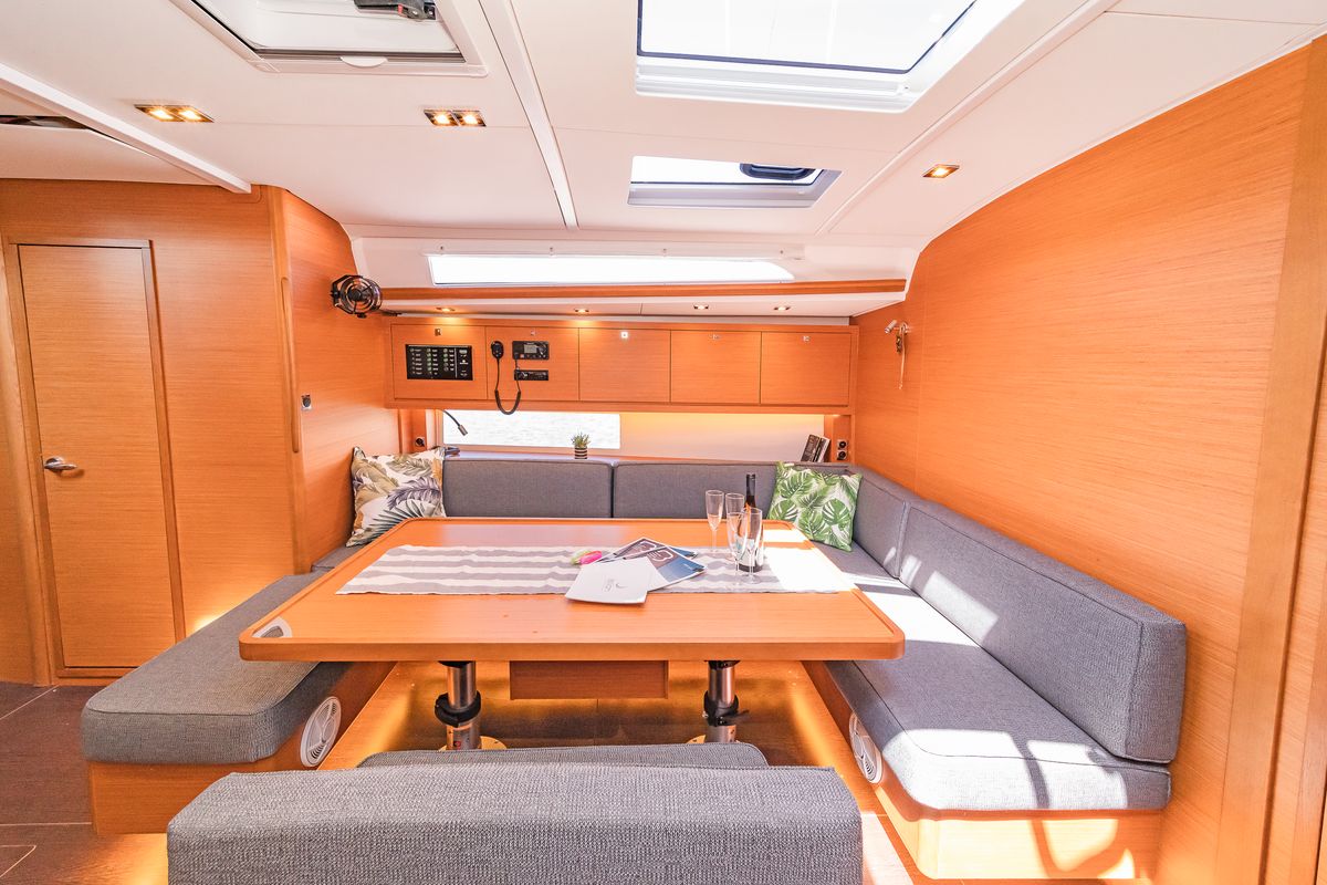 Salon of Edelweiss, a Dufour 470 sailboat at Kos, Greece