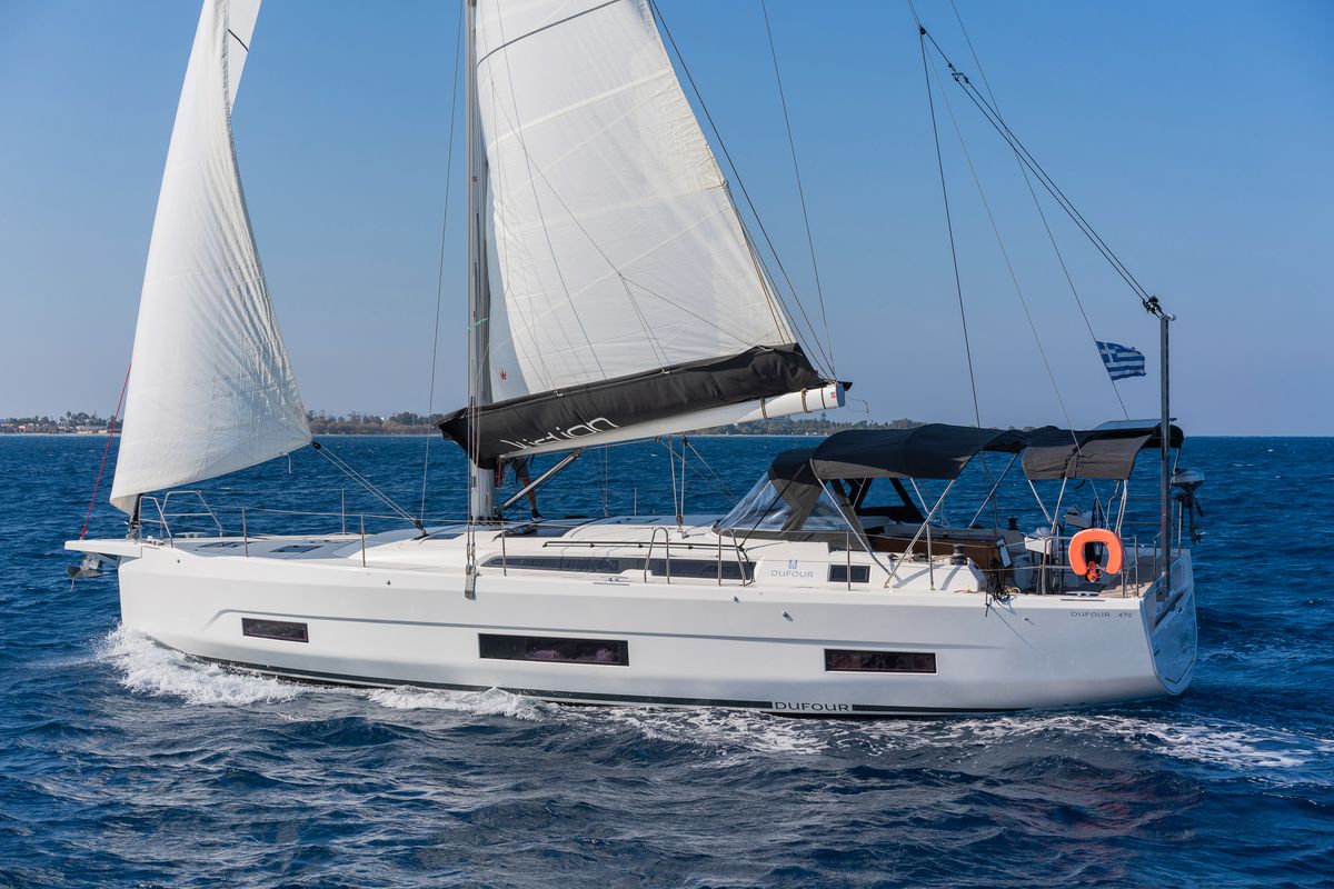 Exterior view of Edelweiss, a Dufour 470 sailboat at Kos, Greece