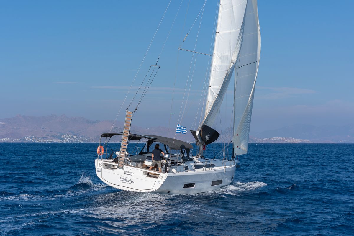 Exterior view of Edelweiss, a Dufour 470 sailboat at Kos, Greece