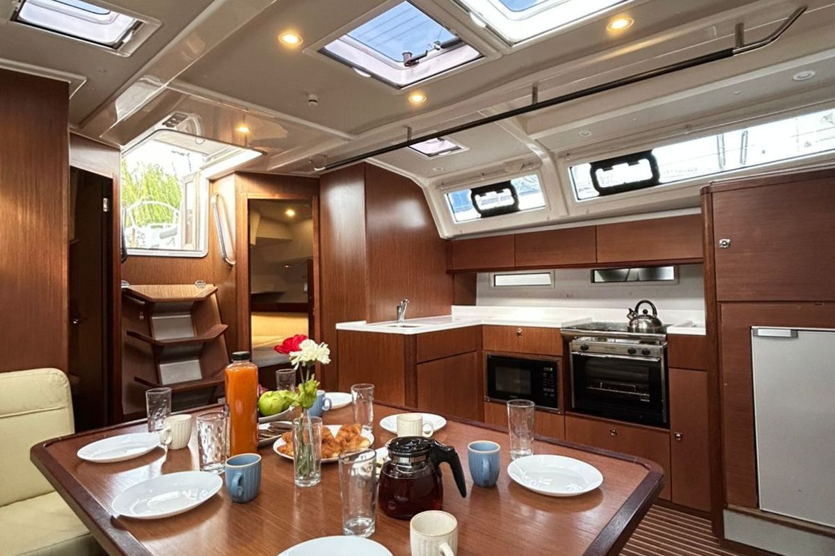 Salon of ANEMONI, a Bavaria Cruiser 46 Style sailboat at Athens, Greece